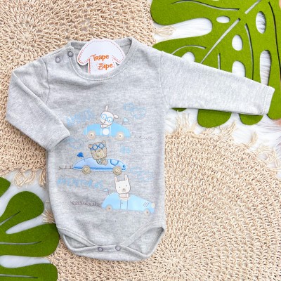 Kit 3 Peças - Bodys Manga Longa Amigos de Aventuras - Azul Jeans, Mescla e Azul Bebê